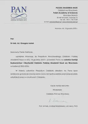Pismo powołujące prof. Lesiuka do Komitetu Budownictwa i Mechaniki PAN oddział we Wrocławiu